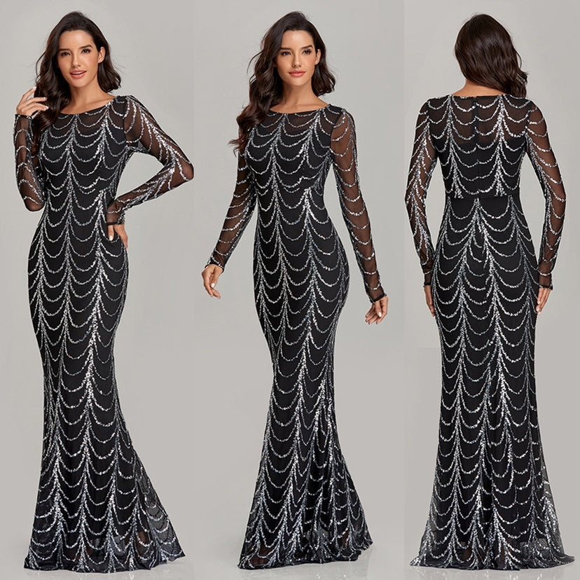 Sequins Women Maxi Dress Long Sleeve Female Party Dresses
