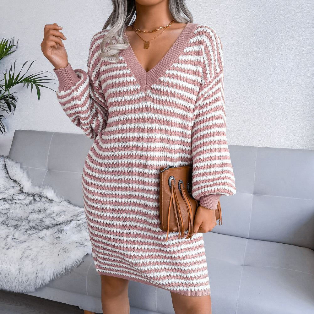 S4R-Ins Striped Sweater Dress V-neck Long Sleeve Dresses For Women