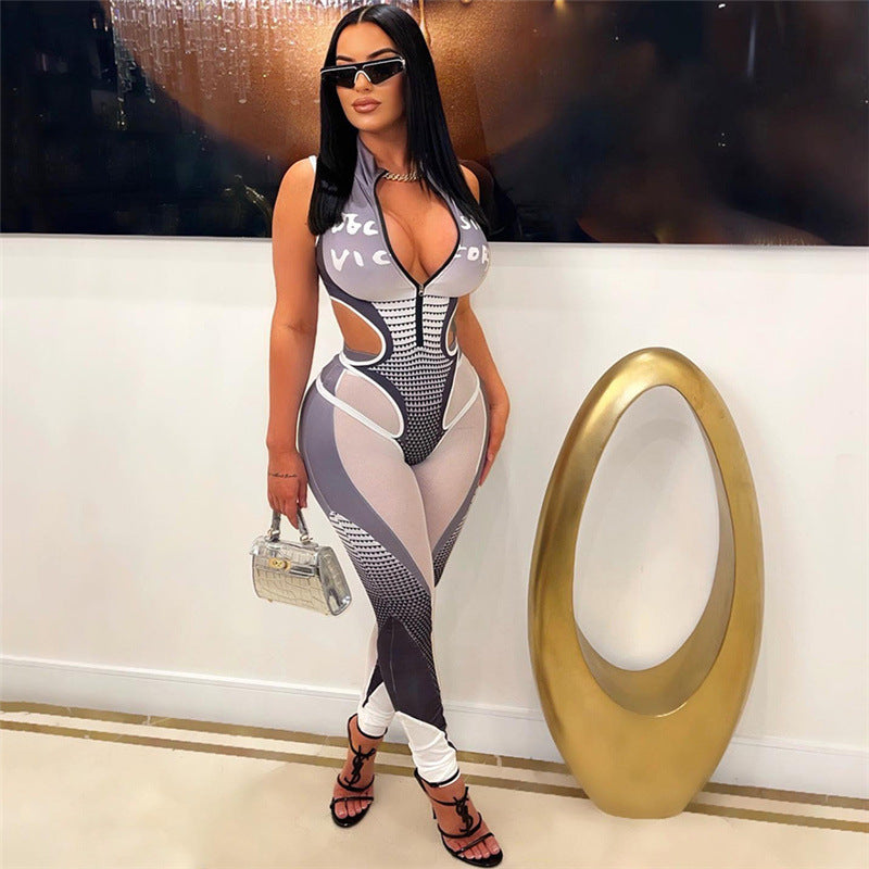 S4R-Hollow Printed Jumpsuit Mesh Stitching Casual Trousers Suit