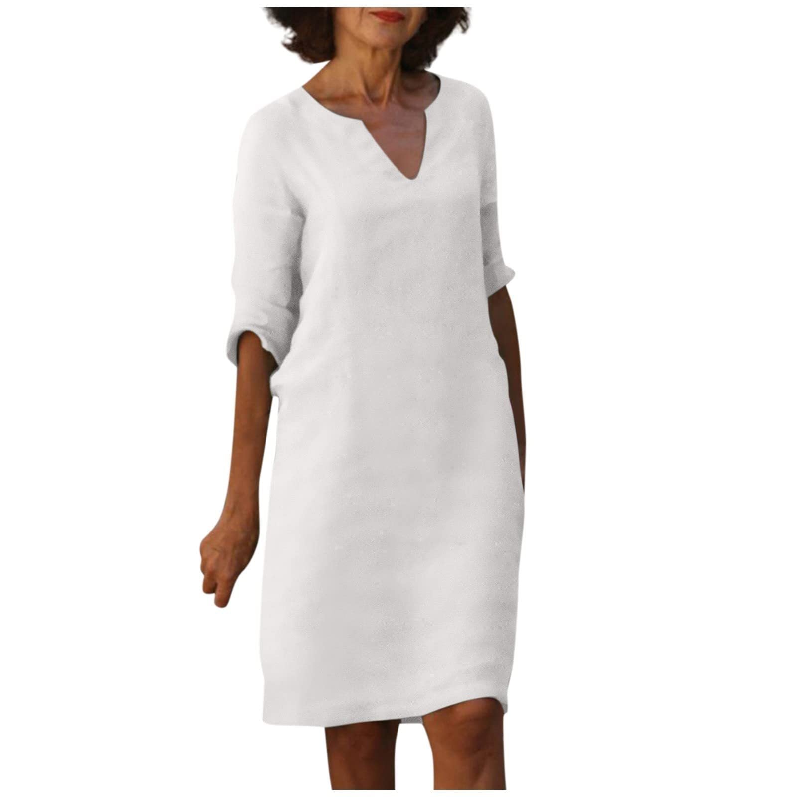 S4R-Cotton And Linen V-neck Dress Summer Stitching Retro High Waist Pure Color Dresses