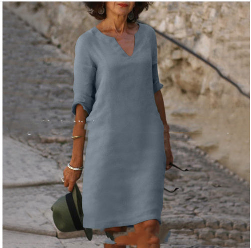 S4R-Cotton And Linen V-neck Dress Summer Stitching Retro High Waist Pure Color Dresses