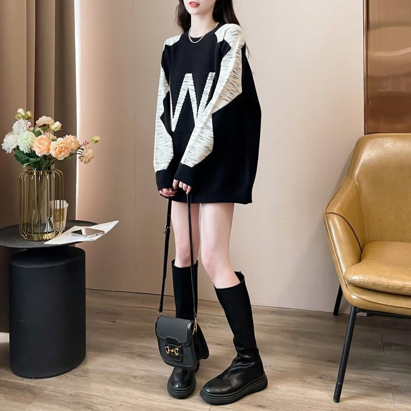 S4R-Contrast Color Letter Jacquard Crew Neck Pullover Sweater Women