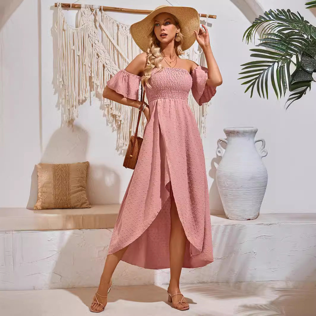 S4R-Sexy Off-shoulder Slit Dress Summer Fashion Pleated Ruffle Long Dresses For Beach Women's Clothing