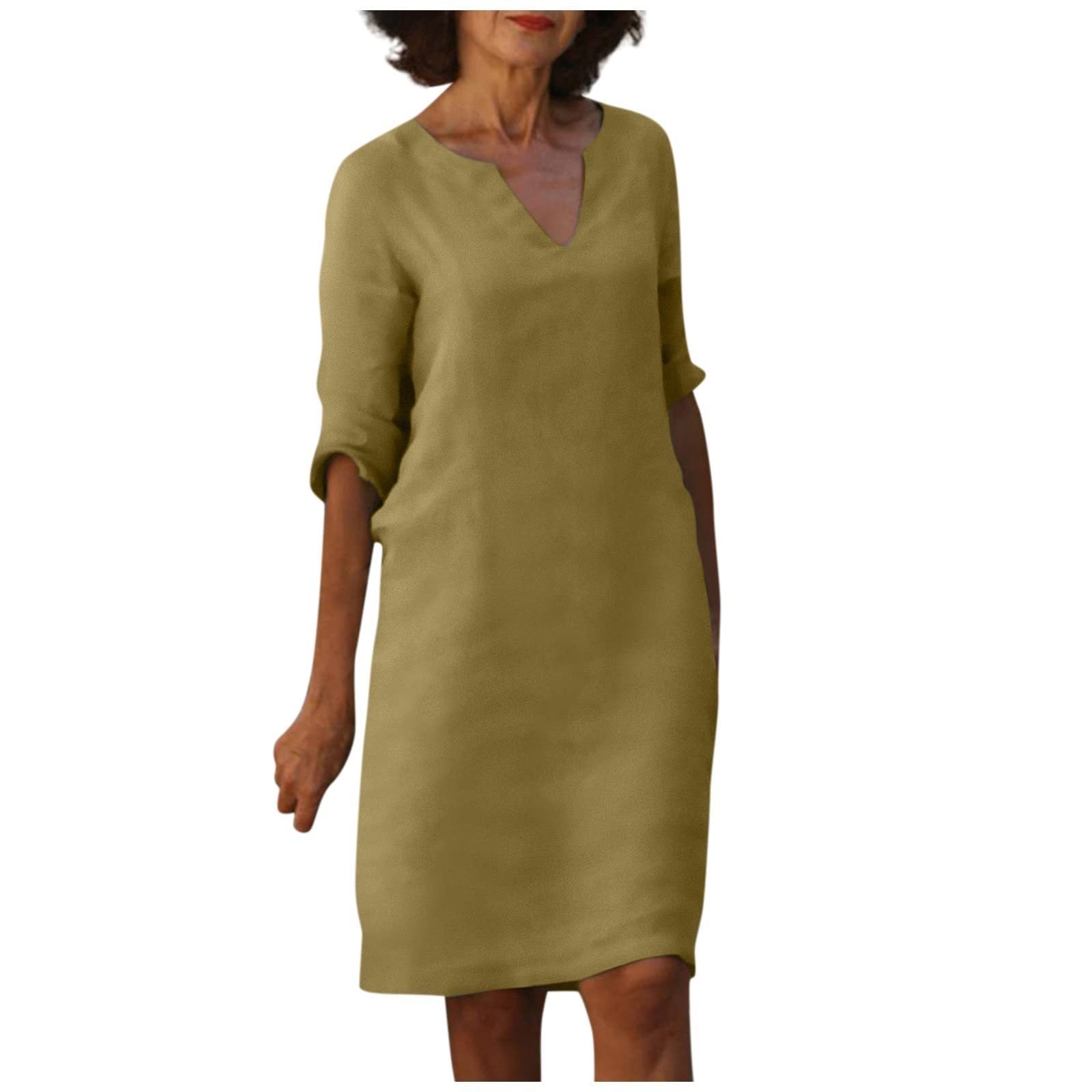 S4R-Cotton And Linen V-neck Dress Summer Stitching Retro High Waist Pure Color Dresses