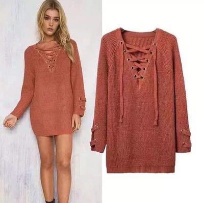 S4R-Women Sweater woman Sweaters V Neck Mesh Lace Up Sweater Striped Bandage Cross Links Tops Casual Loose Jumper