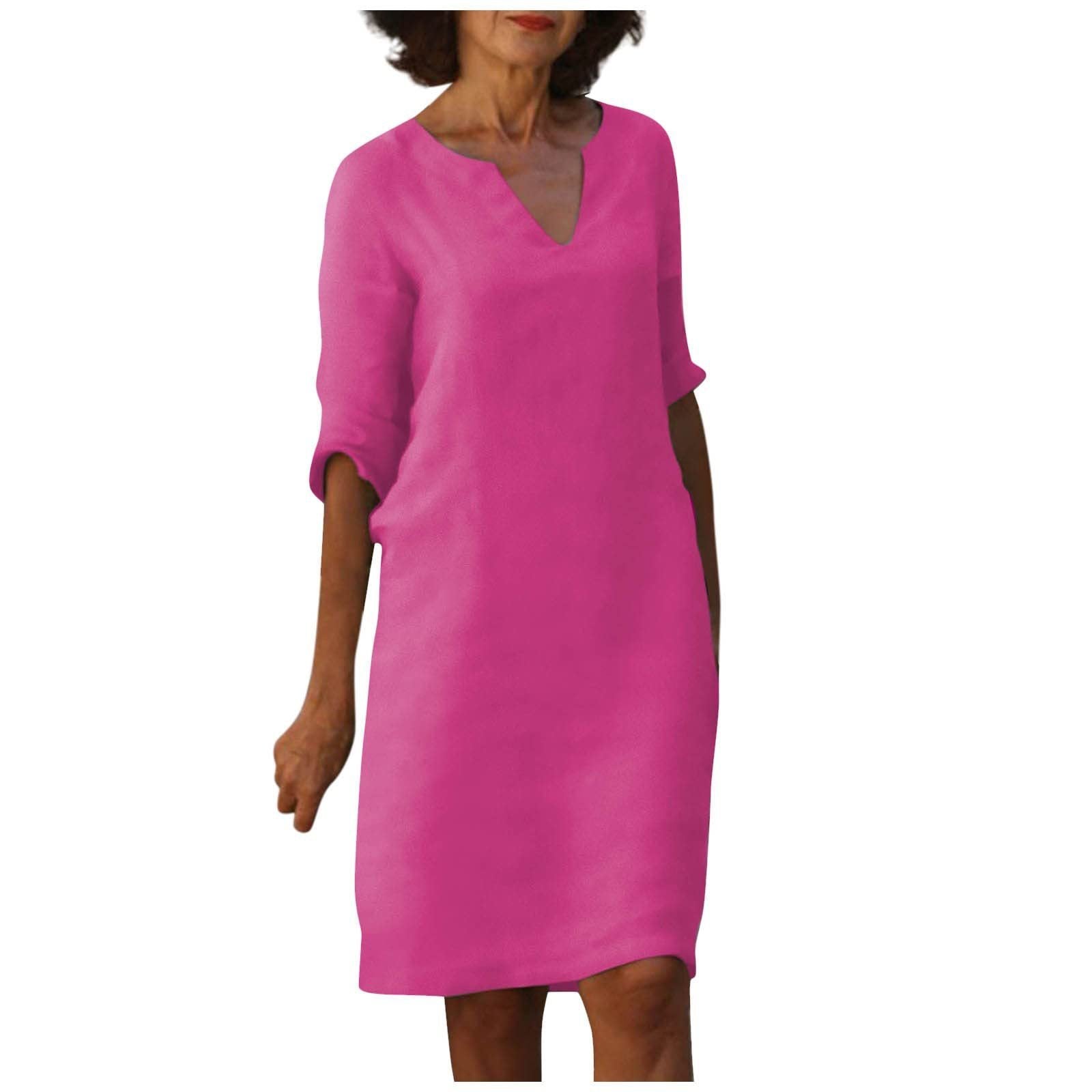 S4R-Cotton And Linen V-neck Dress Summer Stitching Retro High Waist Pure Color Dresses