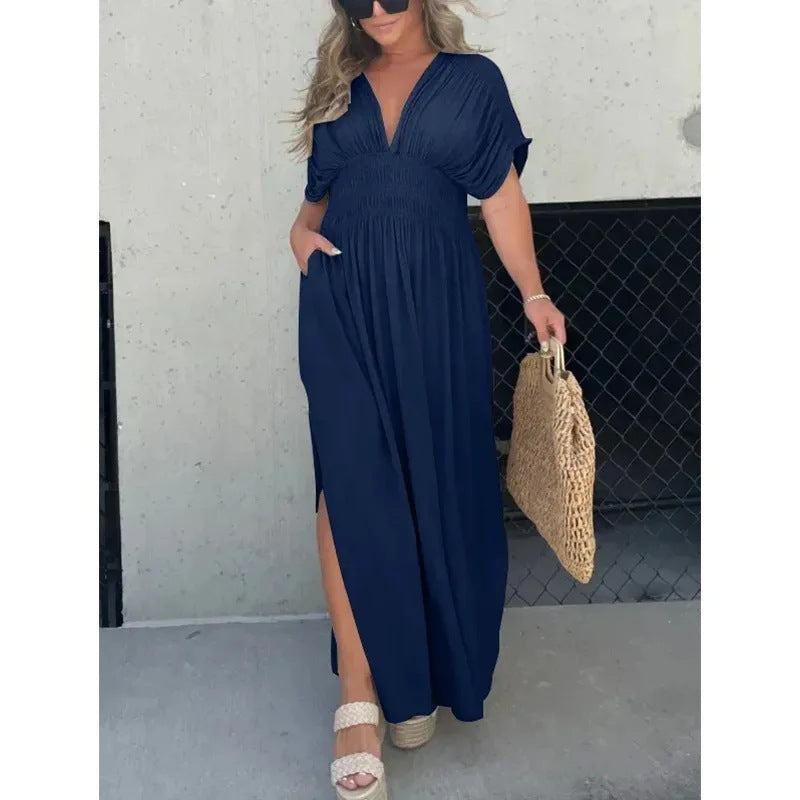 S4R-Fashion Bat-sleeved V-neck Slit Dress Summer Short Sleeve Elastic Waist Long Dresses Womens Clothing