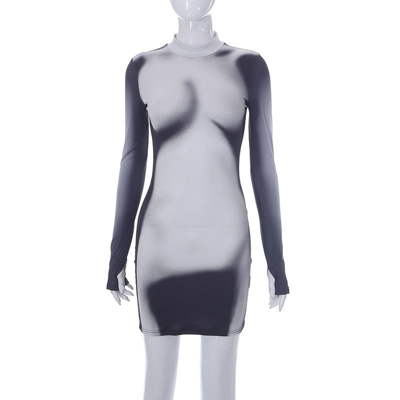 S4R-Women's Fashion Temperament Body Printed Long-sleeved Slim Round Neck Short Dresses