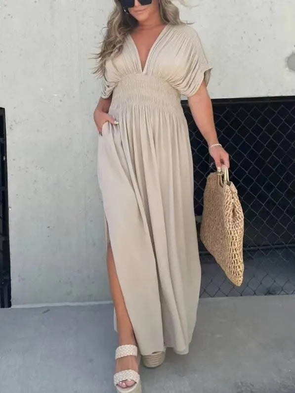 S4R-Fashion Bat-sleeved V-neck Slit Dress Summer Short Sleeve Elastic Waist Long Dresses Womens Clothing