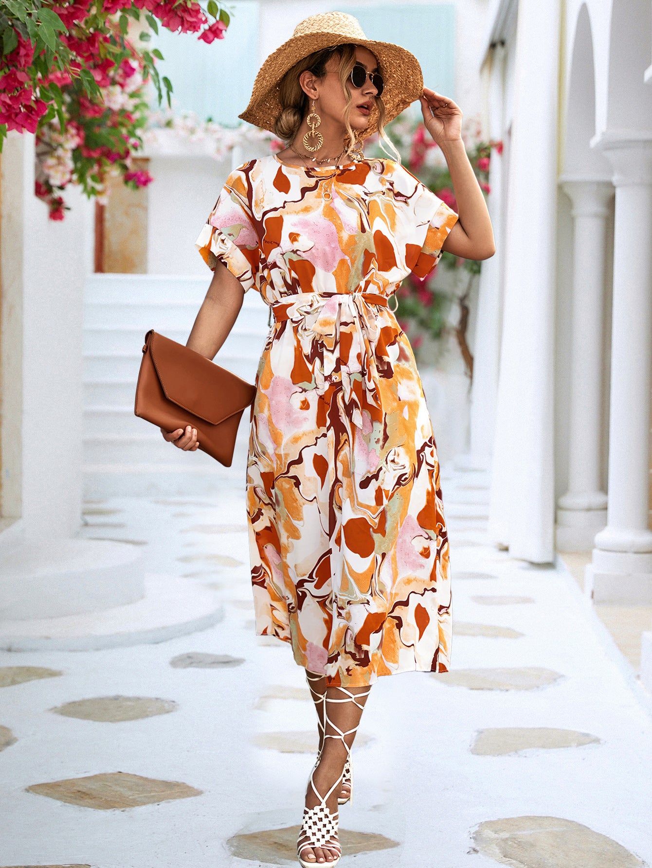S4R-Summer Print Short-sleeved Dress Summer Loose Lace-up A-line Long Dresses Fashion Casual Holiday Beach Dress For Womens Clothing