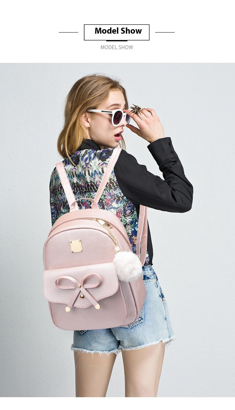 S4R-Fashion Women's Bags PU Bow Composite Bag Young Girl Student Cute Shoulders Backpack Crossbody Bags Coin Purse 3pcs Set