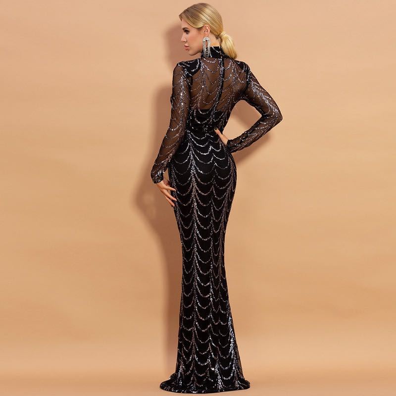 Sequins Women Maxi Dress Long Sleeve Female Party Dresses