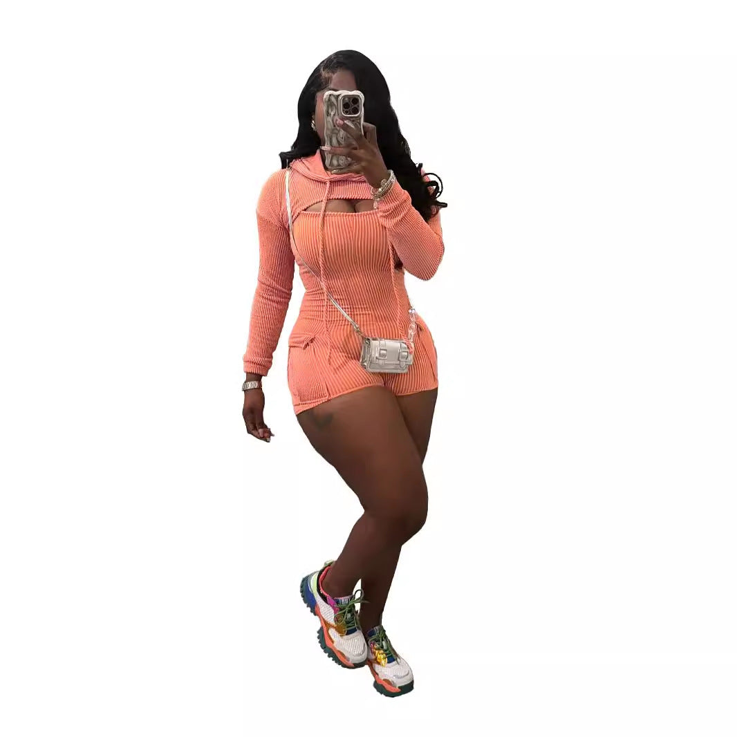 S4R-Women's Wear Long Sleeve Hooded Solid Color Suspender Tight One-piece Shorts Two-piece Set