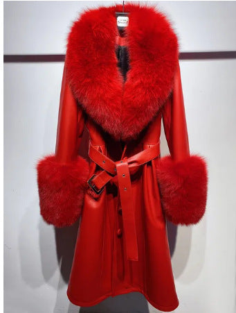 S4R-Slim-fit Leather Sheepskin Fox Fur Coat