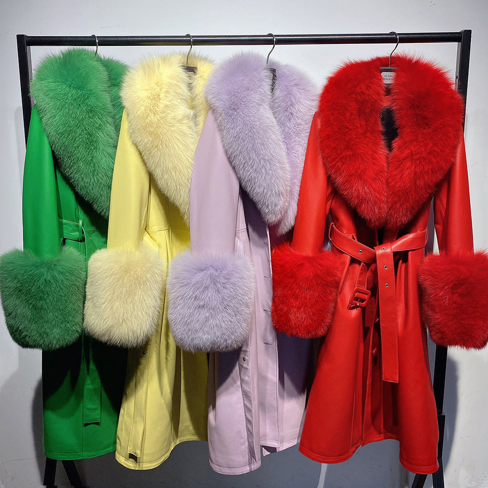 S4R-Slim-fit Leather Sheepskin Fox Fur Coat