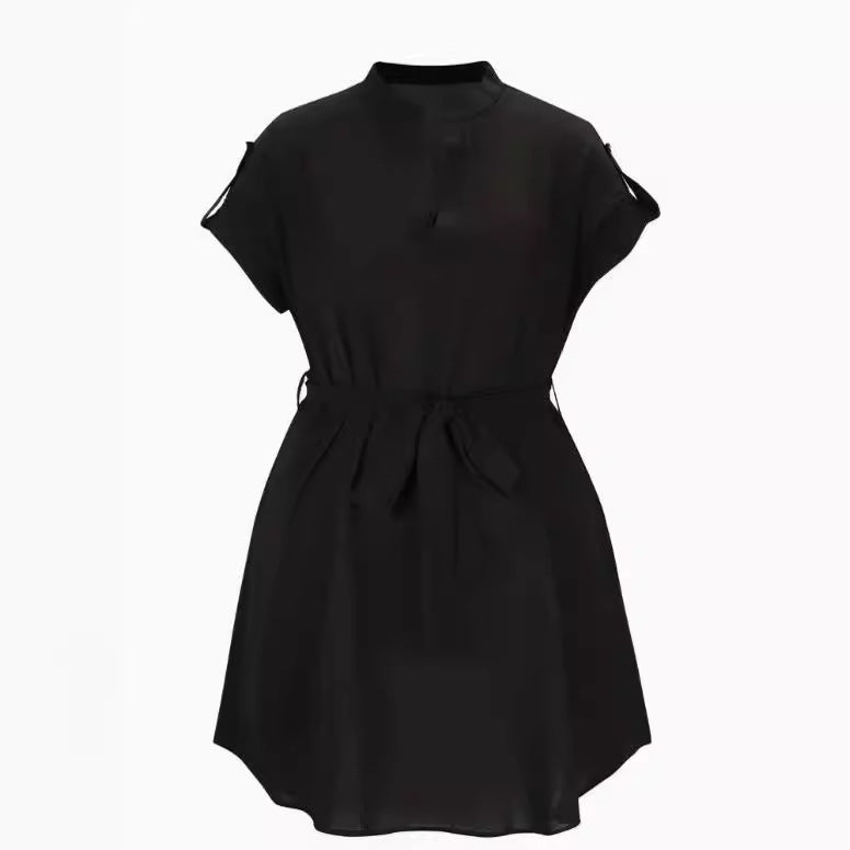 S4R-V-neck Short Sleeve Dress With Belt Summer Fashion Bowknot Dresses For Women Clothing