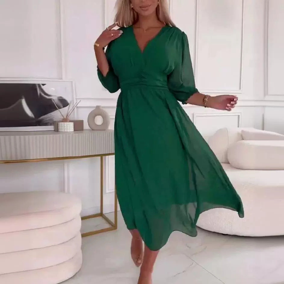 S4R- V-neck Waist-tight Long Sleeve Dress Fashion Slimming Skirt Solid Chiffon Dresses For Womens Clothing