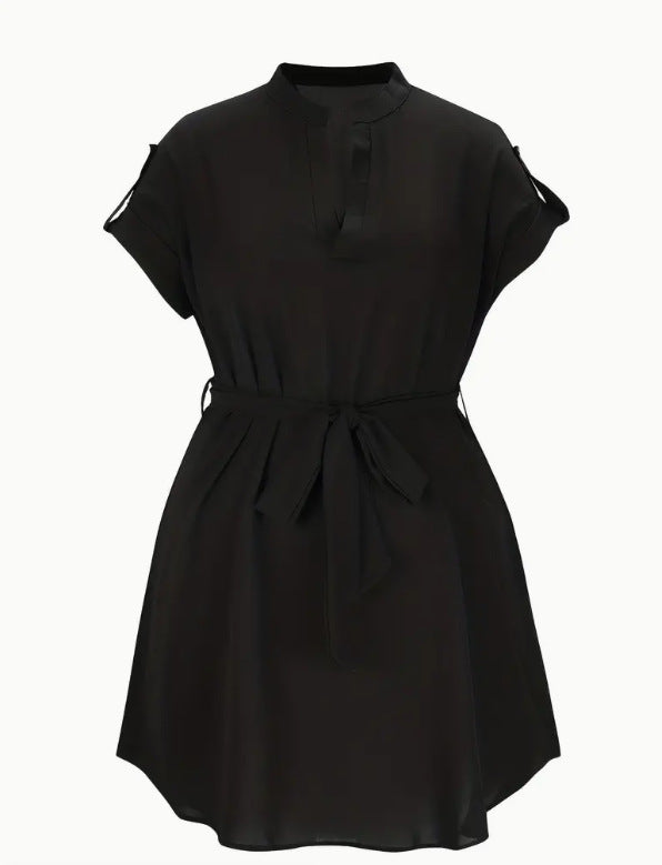S4R-V-neck Short Sleeve Dress With Belt Summer Fashion Bowknot Dresses For Women Clothing