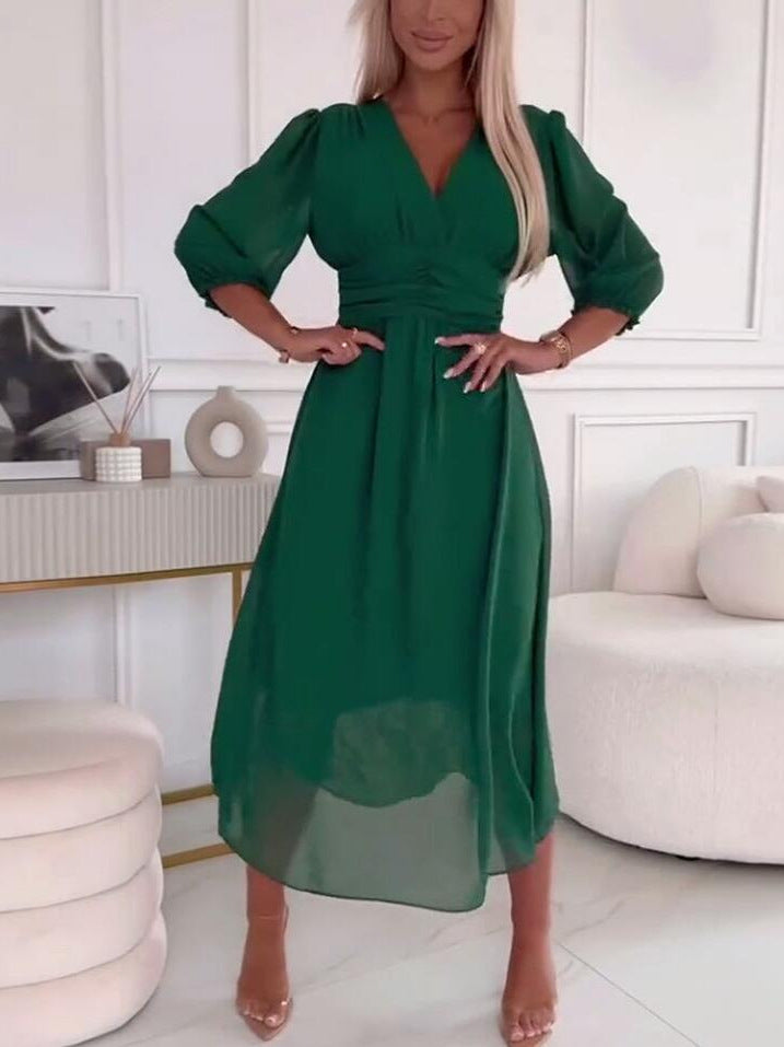 S4R- V-neck Waist-tight Long Sleeve Dress Fashion Slimming Skirt Solid Chiffon Dresses For Womens Clothing