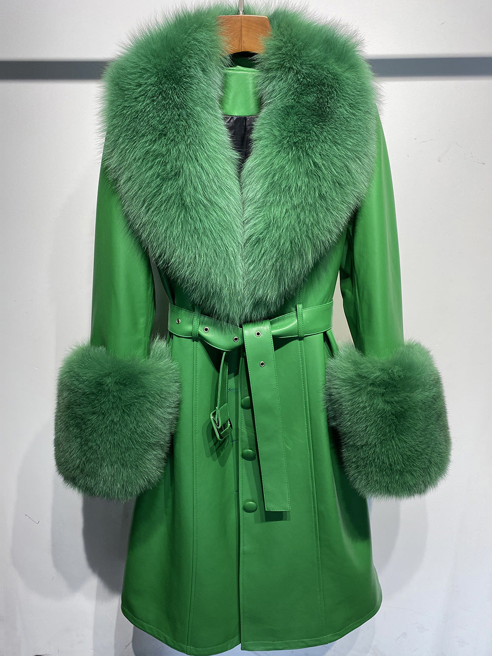 S4R-Slim-fit Leather Sheepskin Fox Fur Coat