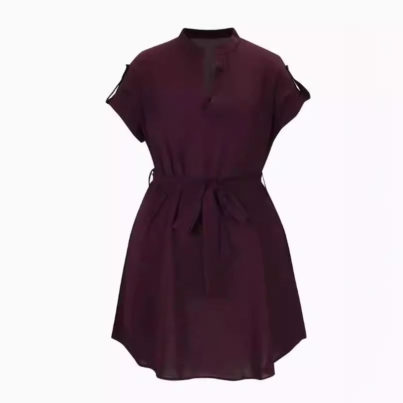 S4R-V-neck Short Sleeve Dress With Belt Summer Fashion Bowknot Dresses For Women Clothing