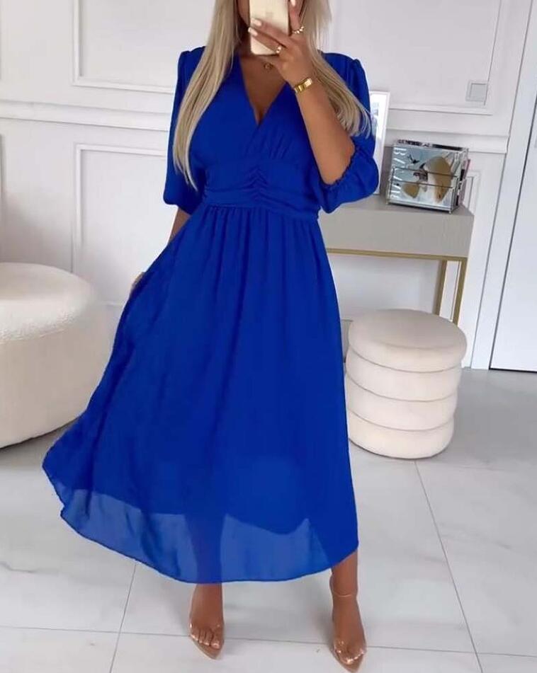 S4R- V-neck Waist-tight Long Sleeve Dress Fashion Slimming Skirt Solid Chiffon Dresses For Womens Clothing