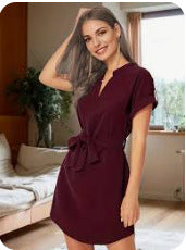 S4R-V-neck Short Sleeve Dress With Belt Summer Fashion Bowknot Dresses For Women Clothing