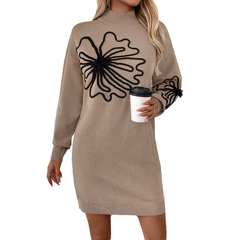 S4R-Half Turtleneck Flower Knitted Dress Sweater