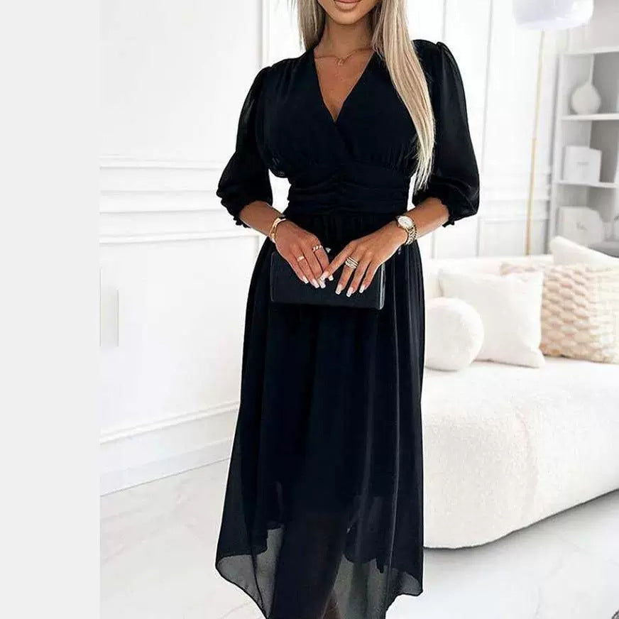 S4R- V-neck Waist-tight Long Sleeve Dress Fashion Slimming Skirt Solid Chiffon Dresses For Womens Clothing