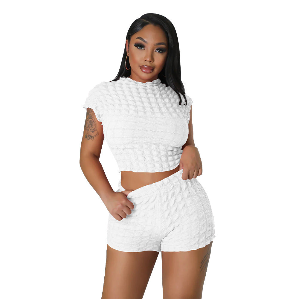 S4R-Women's Clothing Hot Sleeveless Midriff-baring Shorts Popcorn Bubble Two-piece Set