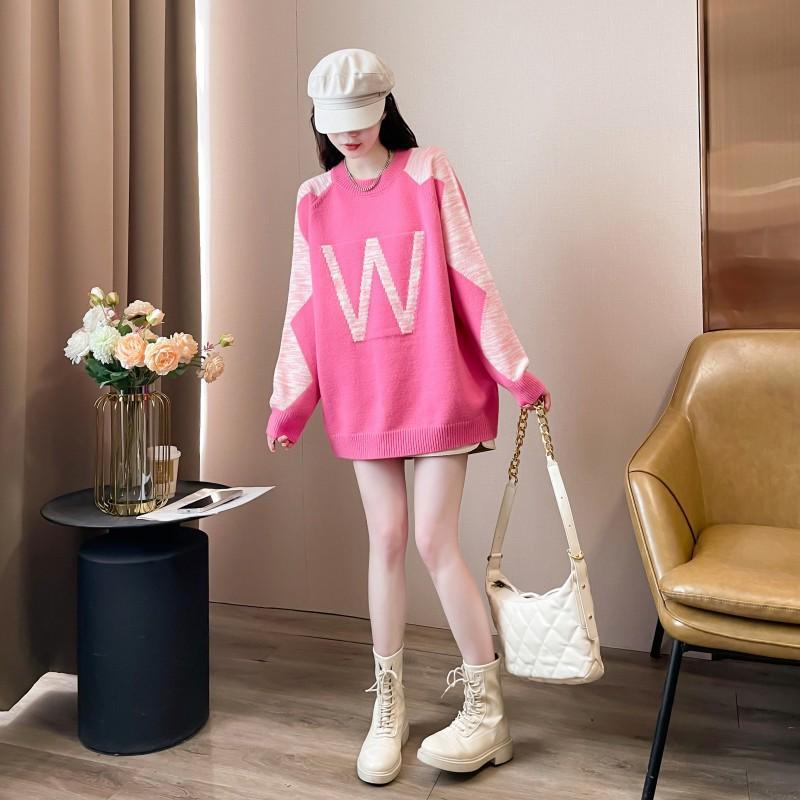 S4R-Contrast Color Letter Jacquard Crew Neck Pullover Sweater Women