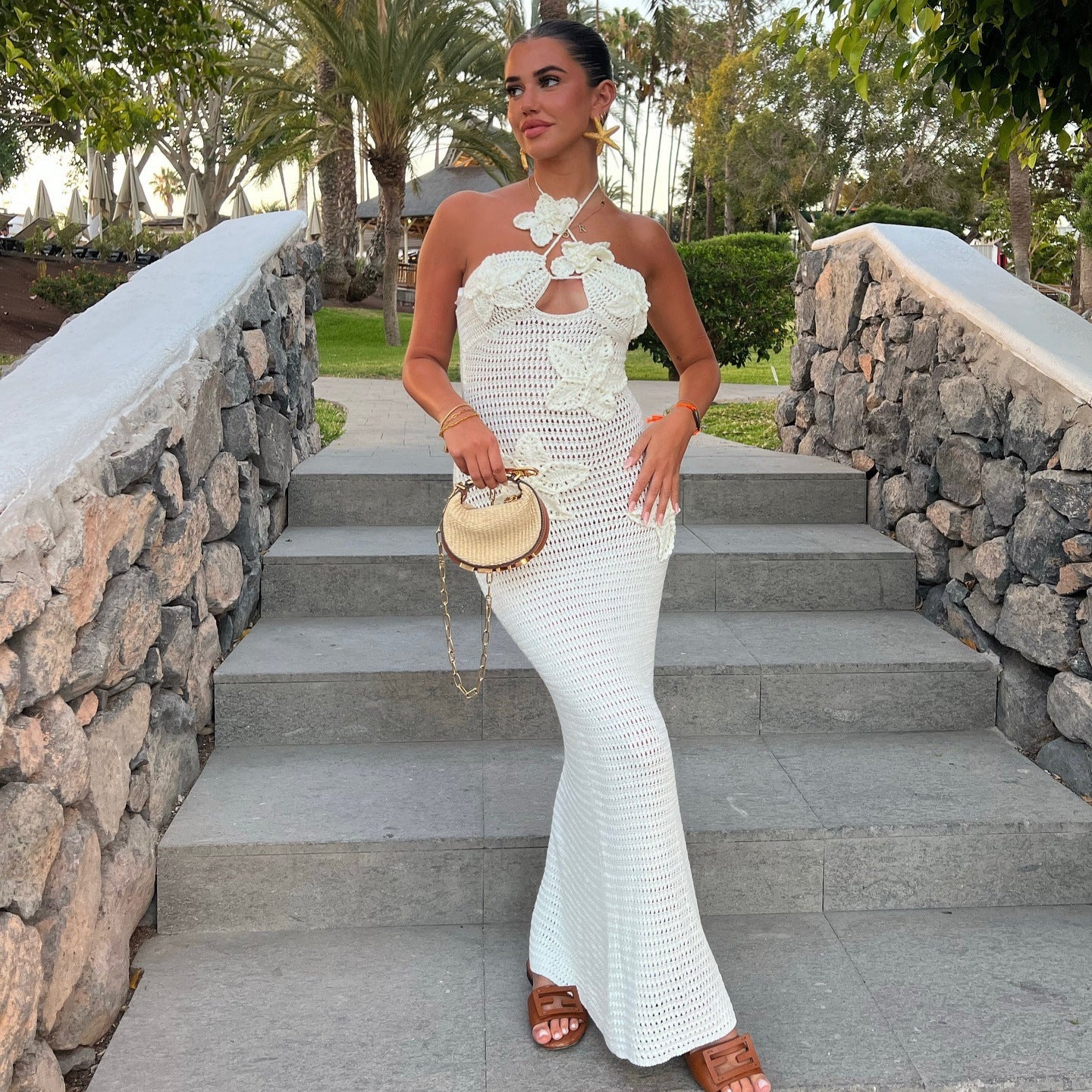 S4R-Slim Halterneck Dress With Stars Summer Sexy Seaside Beach Long Dresses Women's Clothing