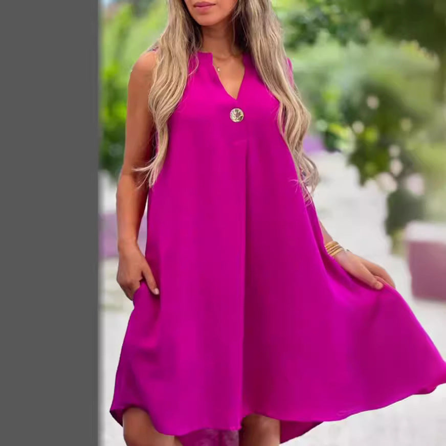 S4R-Summer V-neck Sleeveless Dress With Button Decoration Solid Color Casual Loose Straight Dresses Womens Clothing