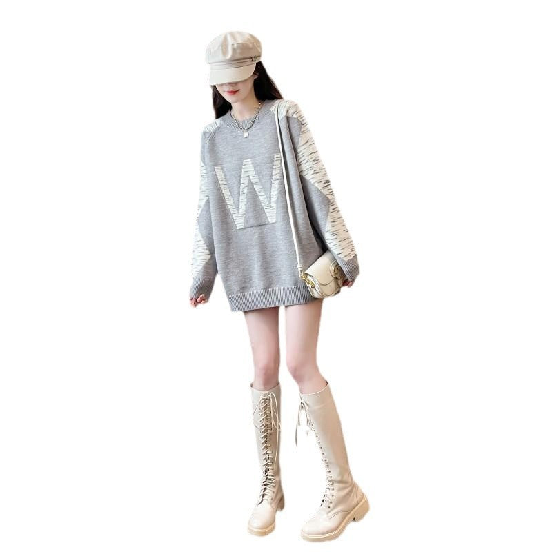S4R-Contrast Color Letter Jacquard Crew Neck Pullover Sweater Women