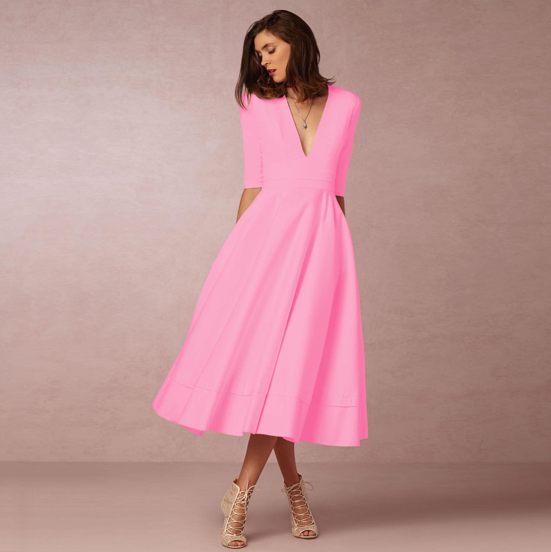 S4R-V-neck Dresses - Retro 60s Swing Sleeve