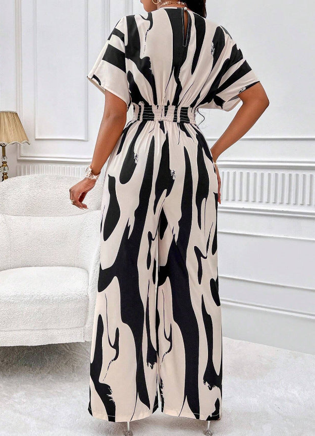 S4R-V-neck Loose Printed Long Jumpsuit