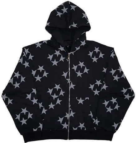 Stars Printed Zipper Hooded Cardigan Couple Fashion Outerwear Hoodies Sweatshirt Street Women Coat