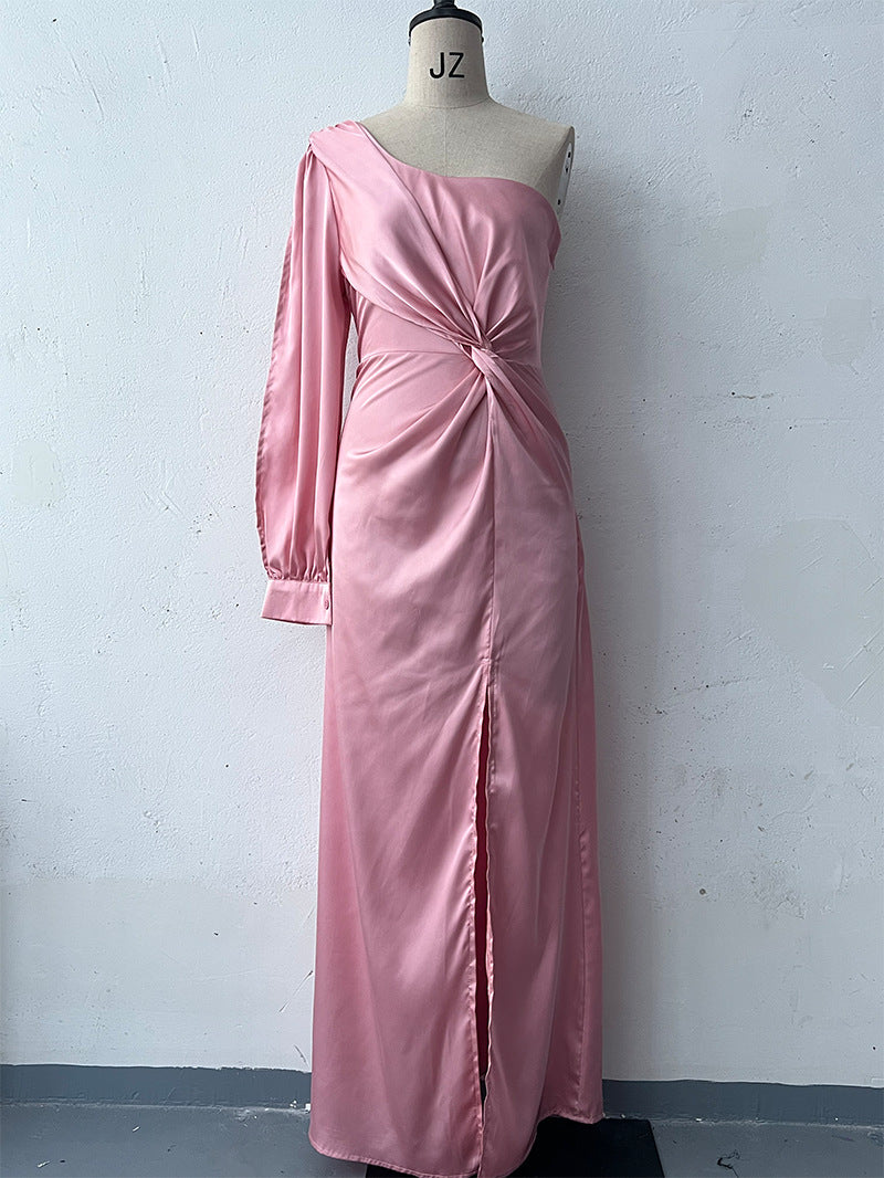 S4R-Women's One-shoulder Split Dress Ins Fashion Long-sleeved Slim Long Dresses Party Evening Clothing