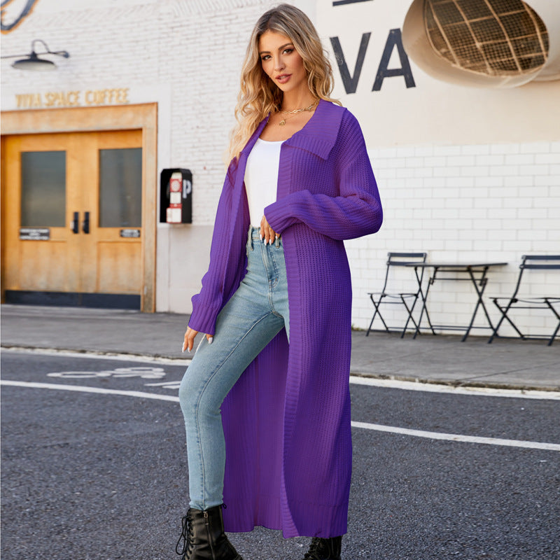 S4R-Women's Loose Casual Polo Collar Long Sweaters Cardigan Jacket