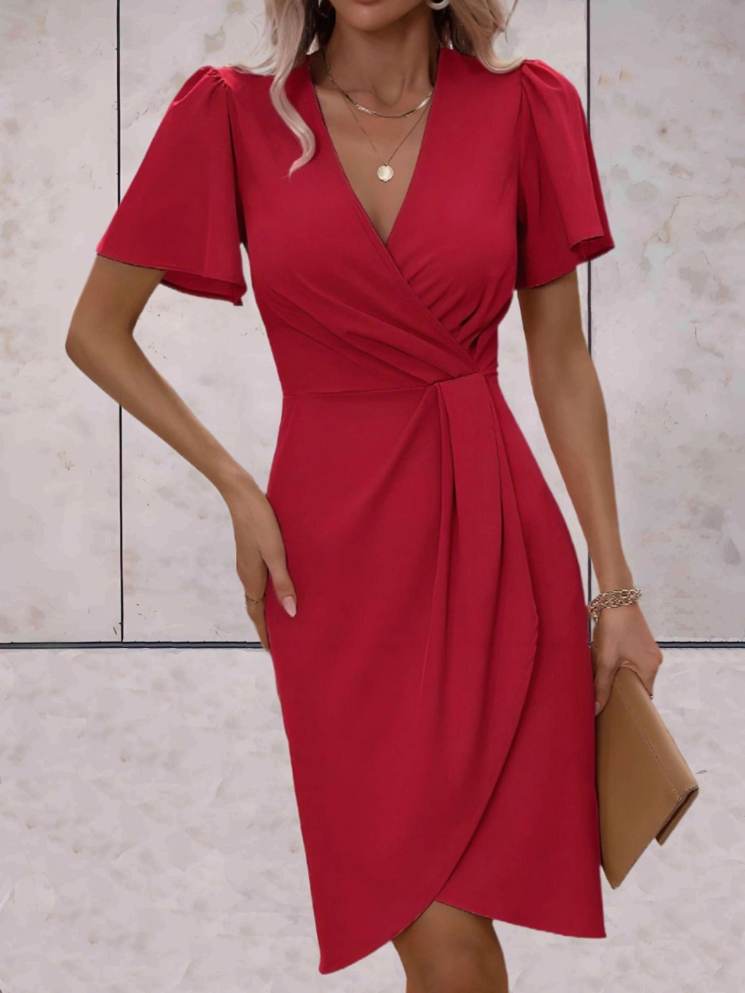 S4R-Summer V-neck Short-sleeved Dress Ins Fashion Tight-Waisted Beach Dresses Women's Clothing