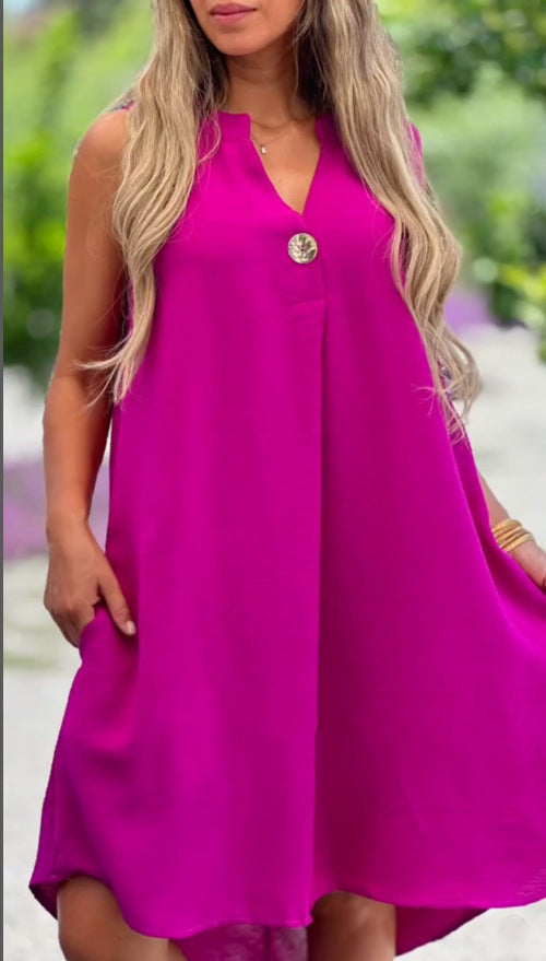 S4R-Summer V-neck Sleeveless Dress With Button Decoration Solid Color Casual Loose Straight Dresses Womens Clothing