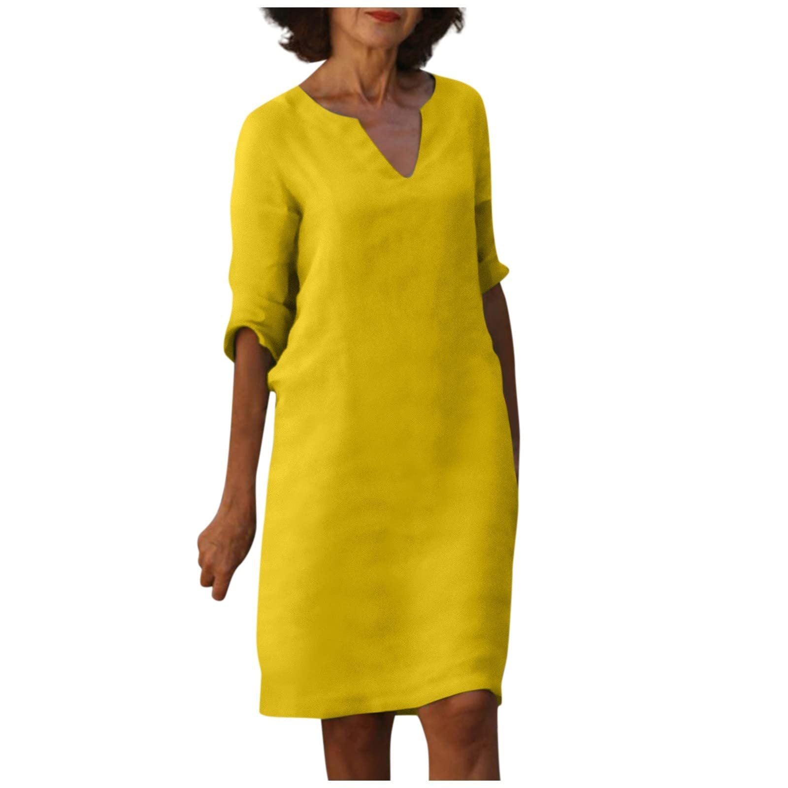 S4R-Cotton And Linen V-neck Dress Summer Stitching Retro High Waist Pure Color Dresses