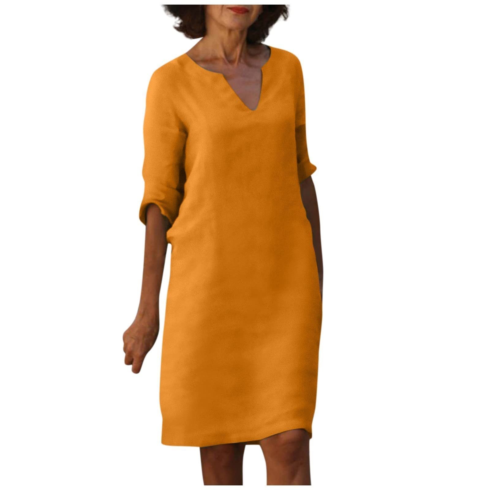 S4R-Cotton And Linen V-neck Dress Summer Stitching Retro High Waist Pure Color Dresses