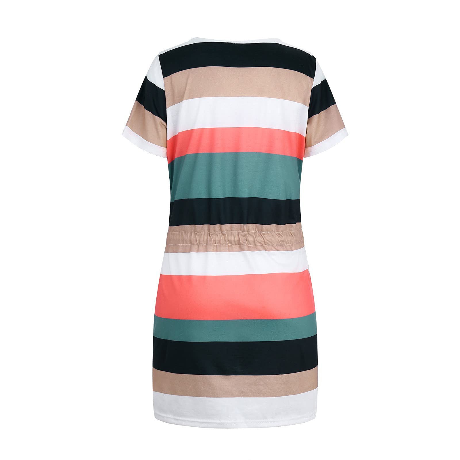 S4R-Striped Print Short-sleeved Dresses Summer Fashion V-neck Drawstring Design Short Dress Beach Womens Clothing