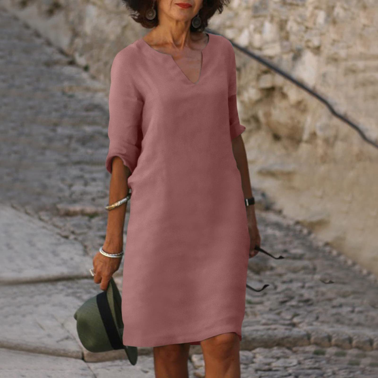 S4R-Cotton And Linen V-neck Dress Summer Stitching Retro High Waist Pure Color Dresses