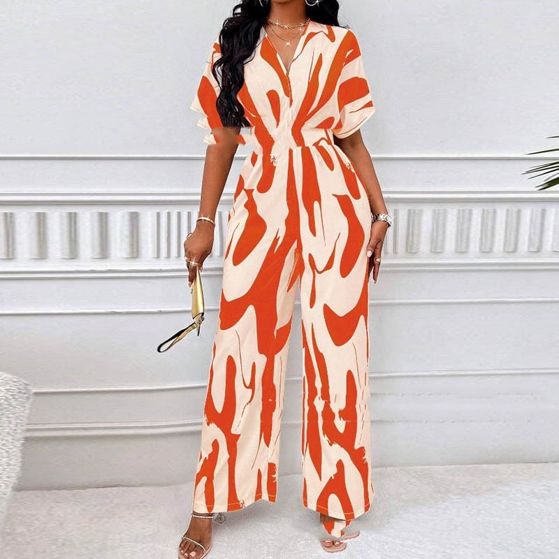 S4R-V-neck Loose Printed Long Jumpsuit
