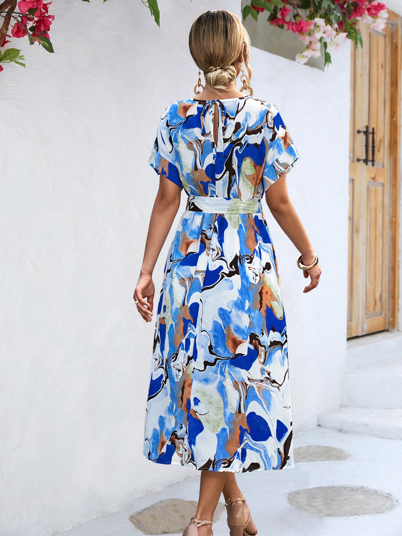 S4R-Summer Print Short-sleeved Dress Summer Loose Lace-up A-line Long Dresses Fashion Casual Holiday Beach Dress For Womens Clothing