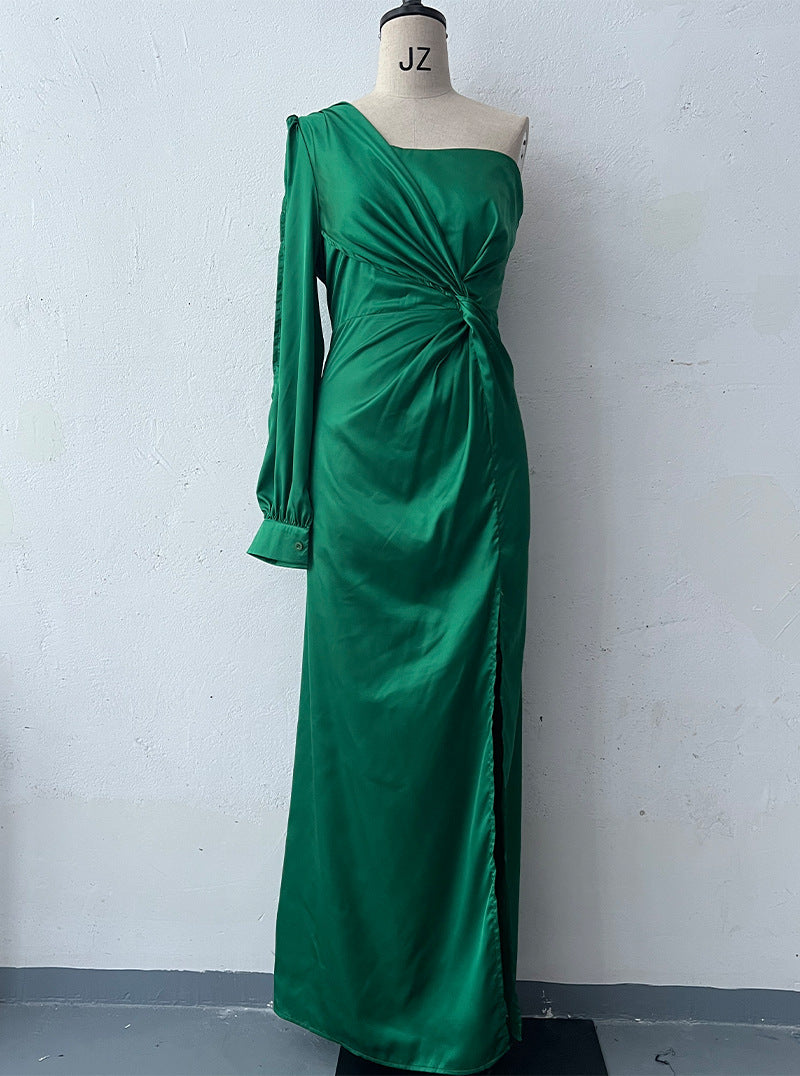 S4R-Women's One-shoulder Split Dress Ins Fashion Long-sleeved Slim Long Dresses Party Evening Clothing