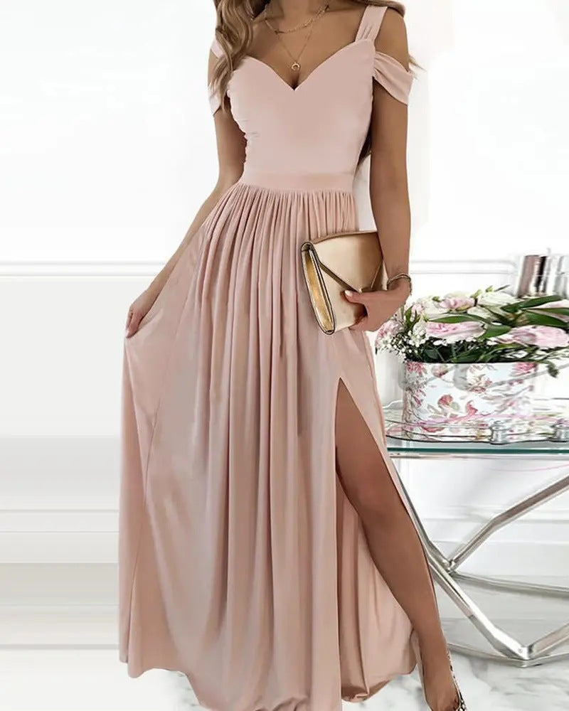 S4R-V-neck Boho Spaghetti Strap Dress Women Split Long Flowy Dresses For Party Beach