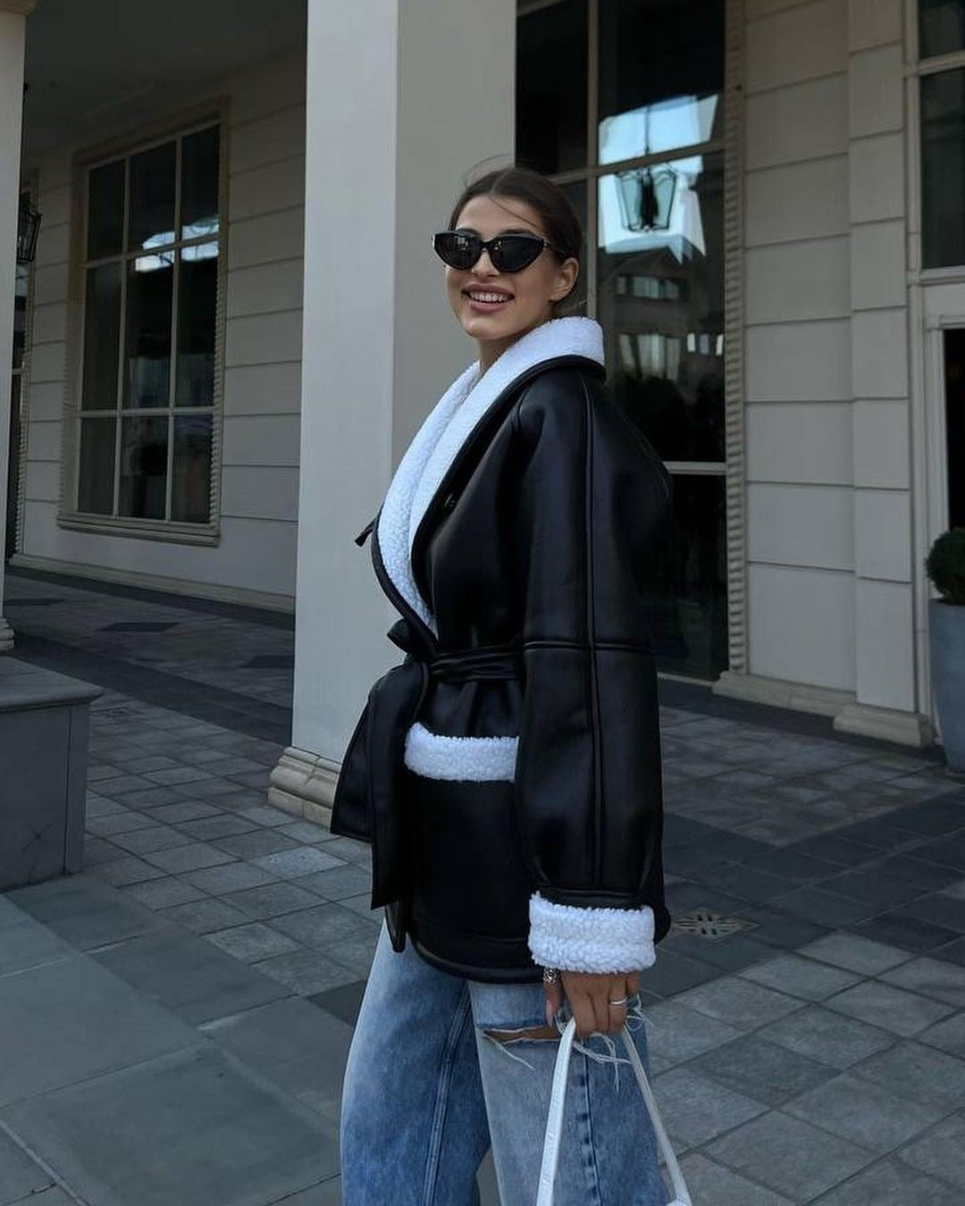 S4R-Leather And Fur Korean Style Long Sleeve Splicing Coat Women